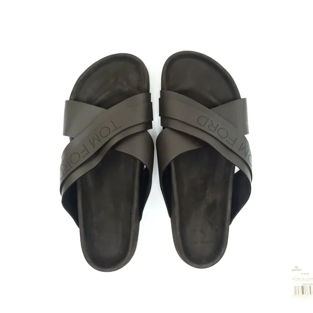 Tom Ford Wicklow Crossover Slider Sandal Brown Leather Mens US 8